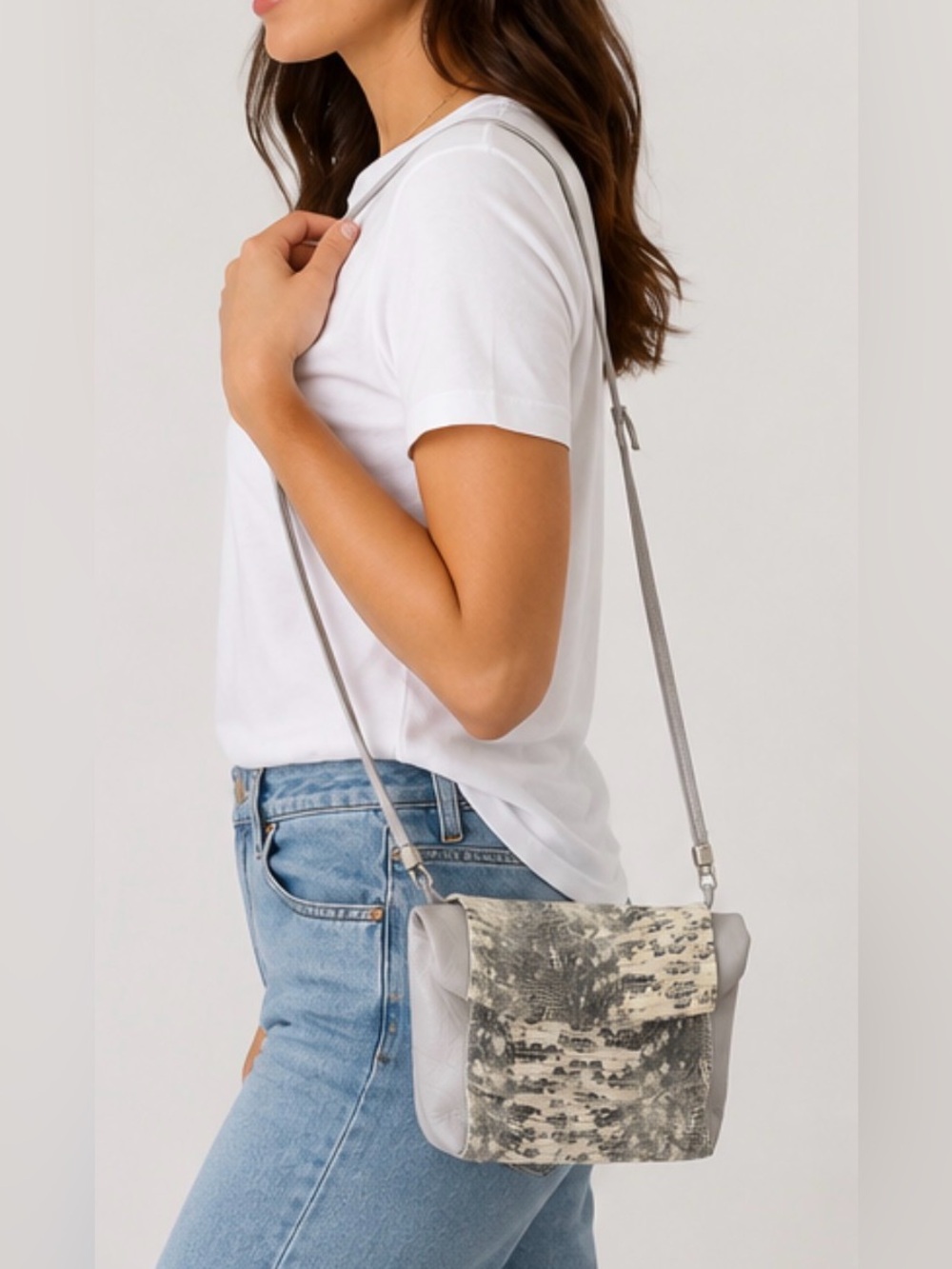 Daniella Lehavi women’s mini Roll top leather Crossbody bag grey snakeskin purse